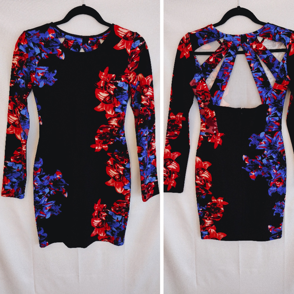 Parker | Black & Floral Cage-Back Long Sleeve Bodycon Mini Dress